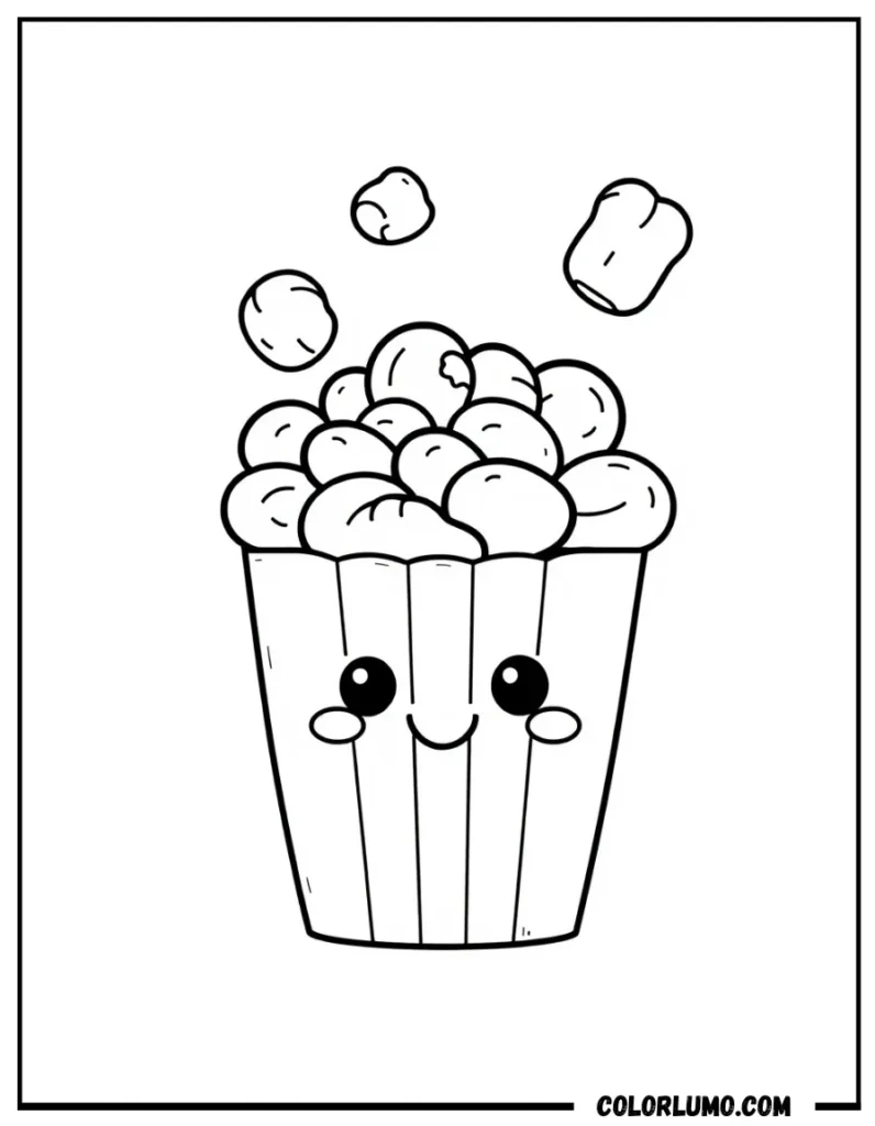 Cute kawaii popcorn coloring page with happy expression