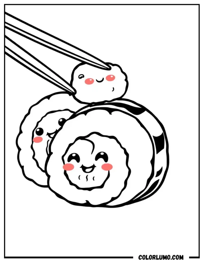 Cute kawaii sushi coloring page with smiling rolls
