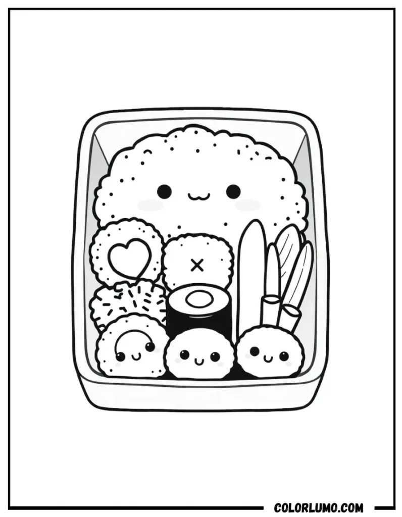 Kawaii bento box coloring page with cute food characters