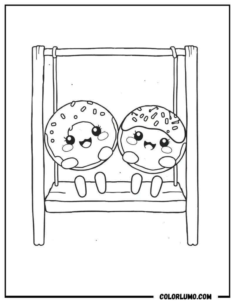 Kawaii donut coloring page with cute playful scene