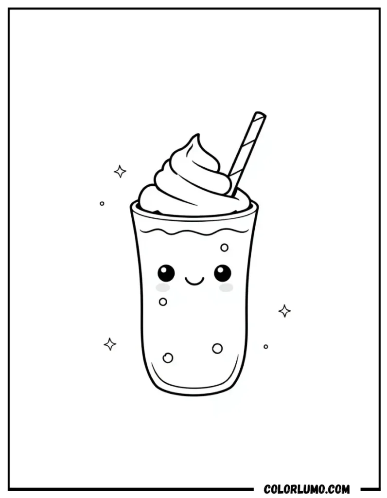 Kawaii milkshake coloring page with cute smiling face