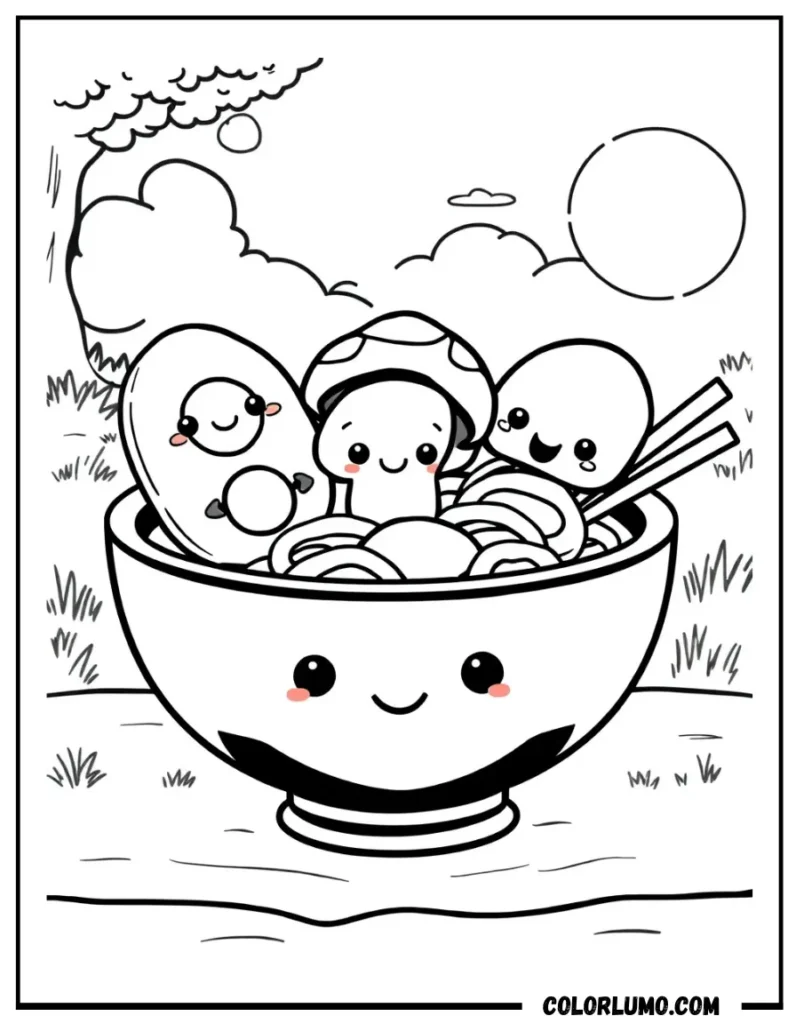 Kawaii ramen picnic coloring page with cute toppings characters