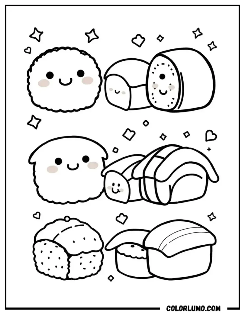 Kawaii sushi coloring page with cute smiling sushi characters