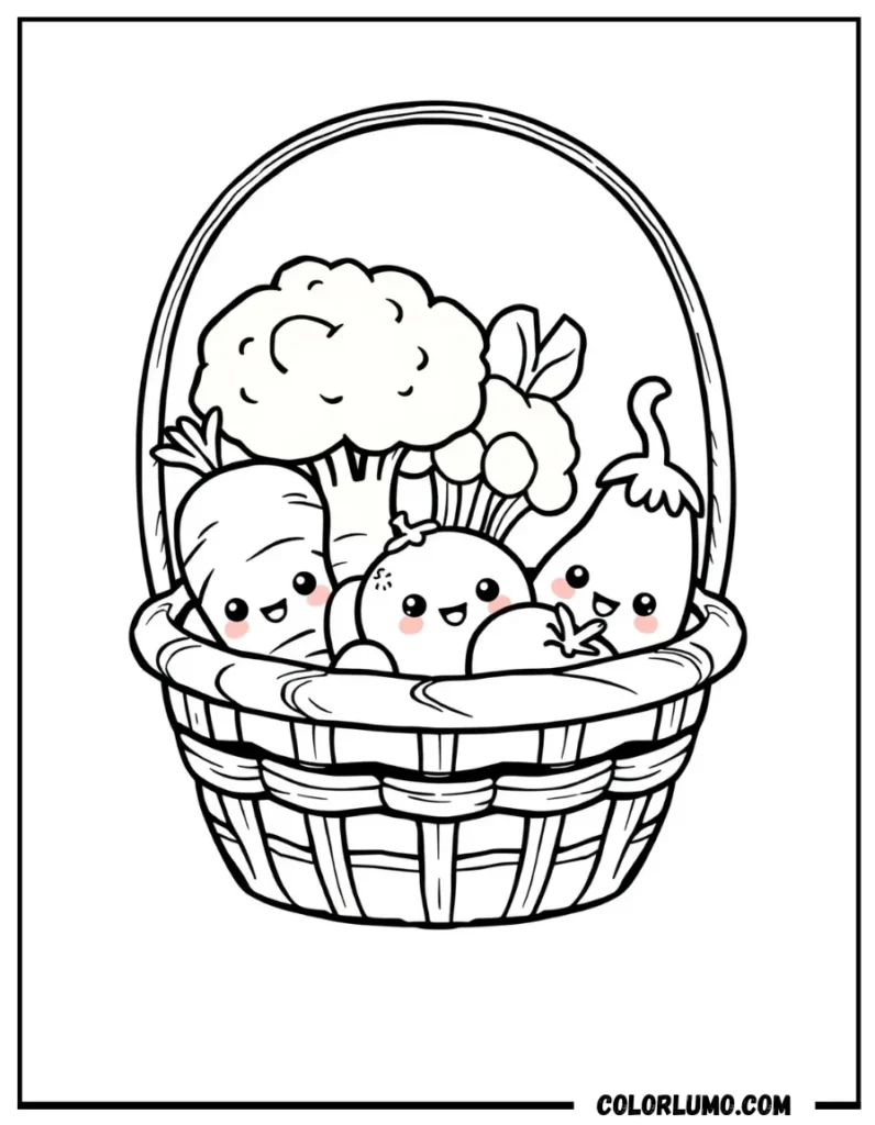 Kawaii vegetable basket coloring page with cute smiling veggies