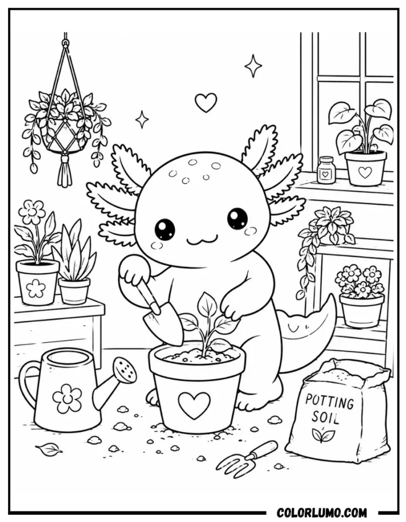Axolotl gardening with plants coloring sheet