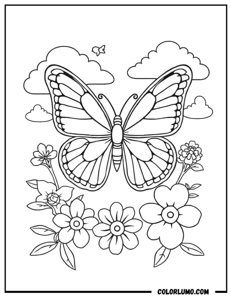 Butterfly spring coloring page with flowers