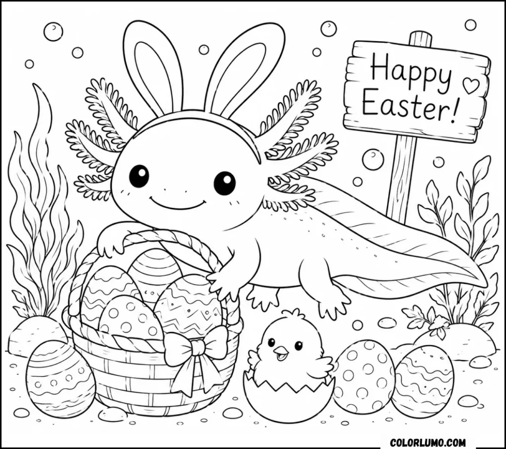 Cute Easter axolotl coloring page