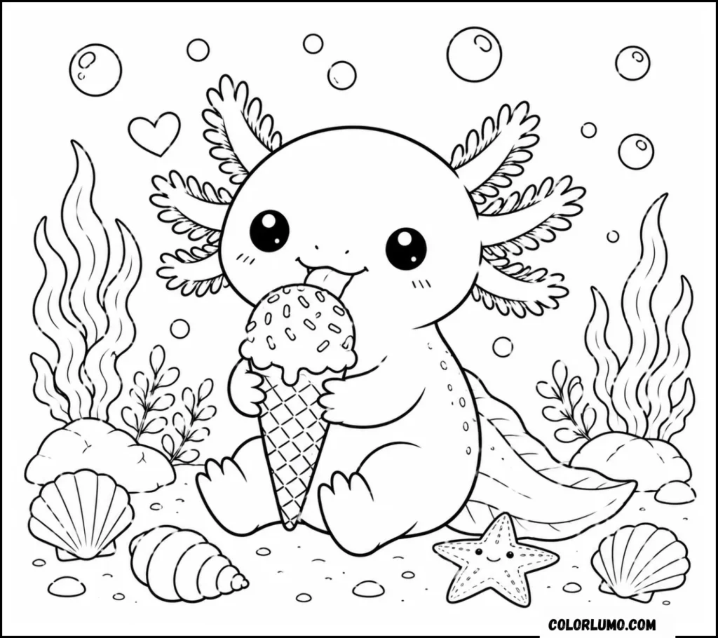 Cute Kawaii Axolotl eating Icecream Coloring Page