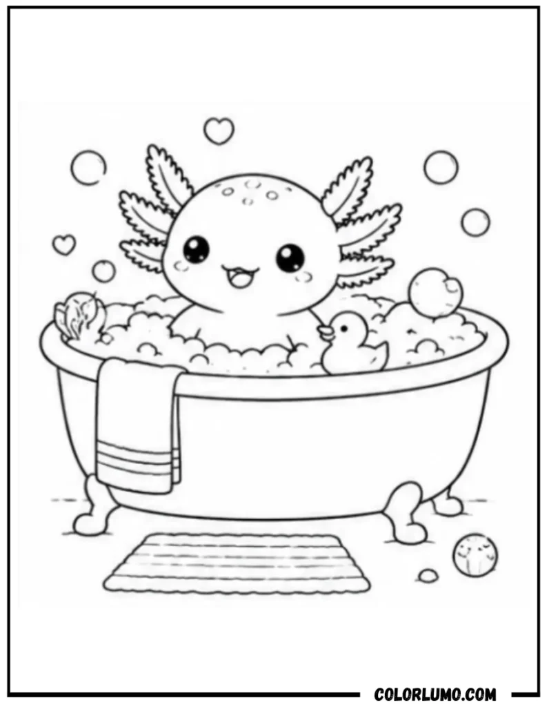 Cute axolotl bathing coloring page for kids