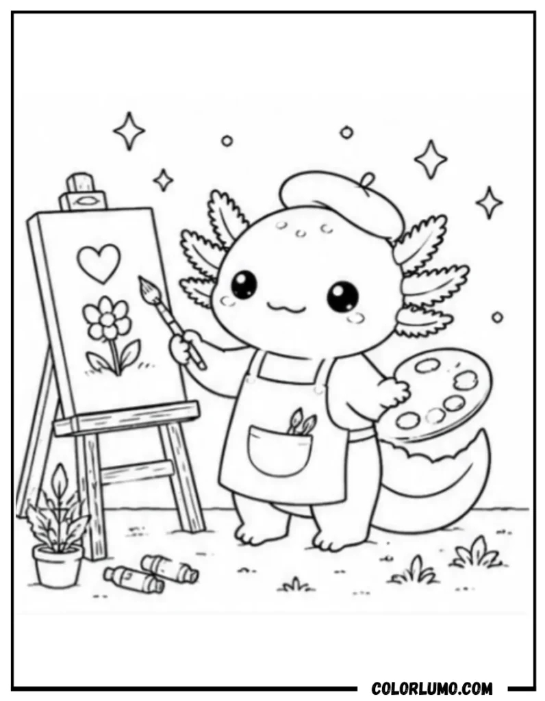 Cute axolotl painting coloring page for kids