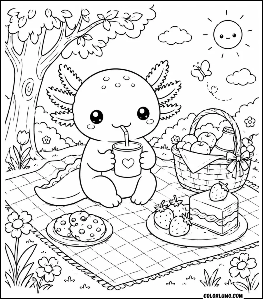 Cute axolotl picnic coloring page for kids