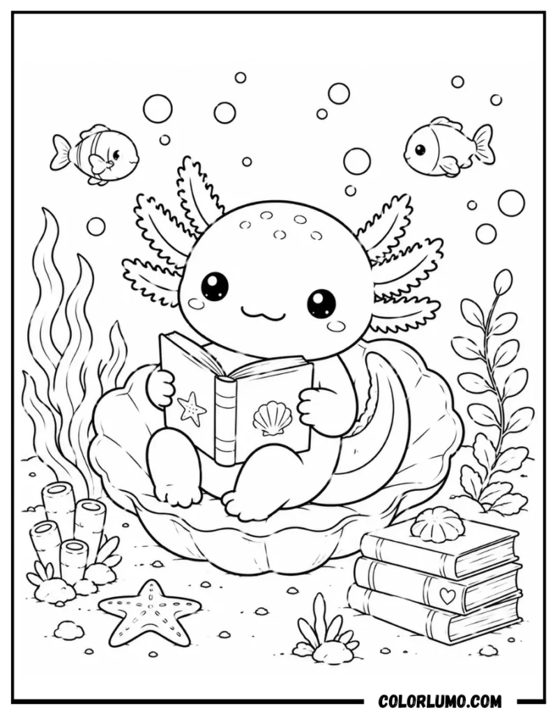 Cute axolotl reading Book underwater coloring pages