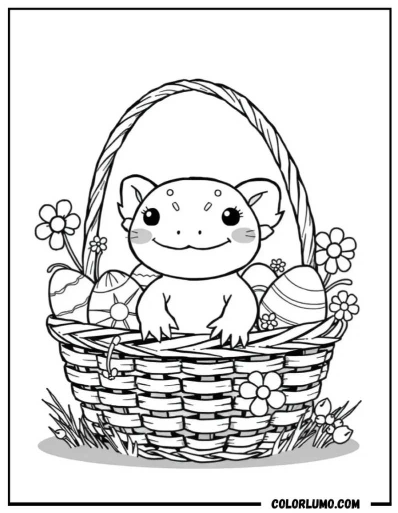 Cute axolotl siting on easter basket