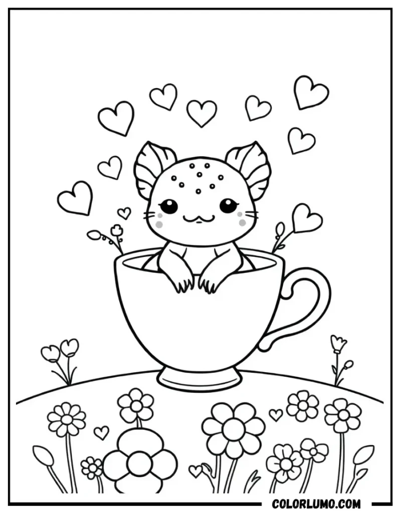 Cute axolotl tea cup coloring page