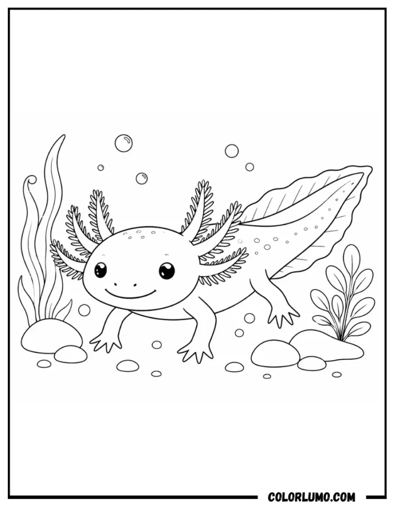 Cute axolotl underwater coloring page for kids printable activity sheet