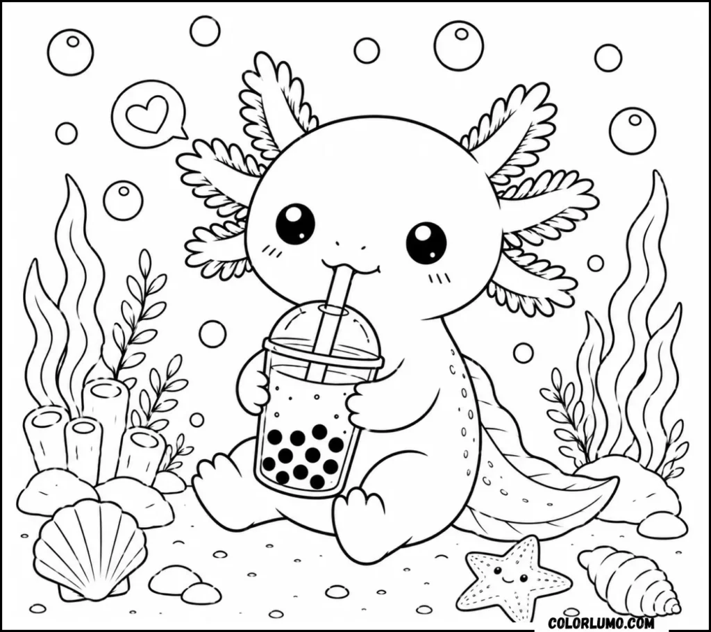 Easy Boba Tea Kawaii Axolotl Coloring Page