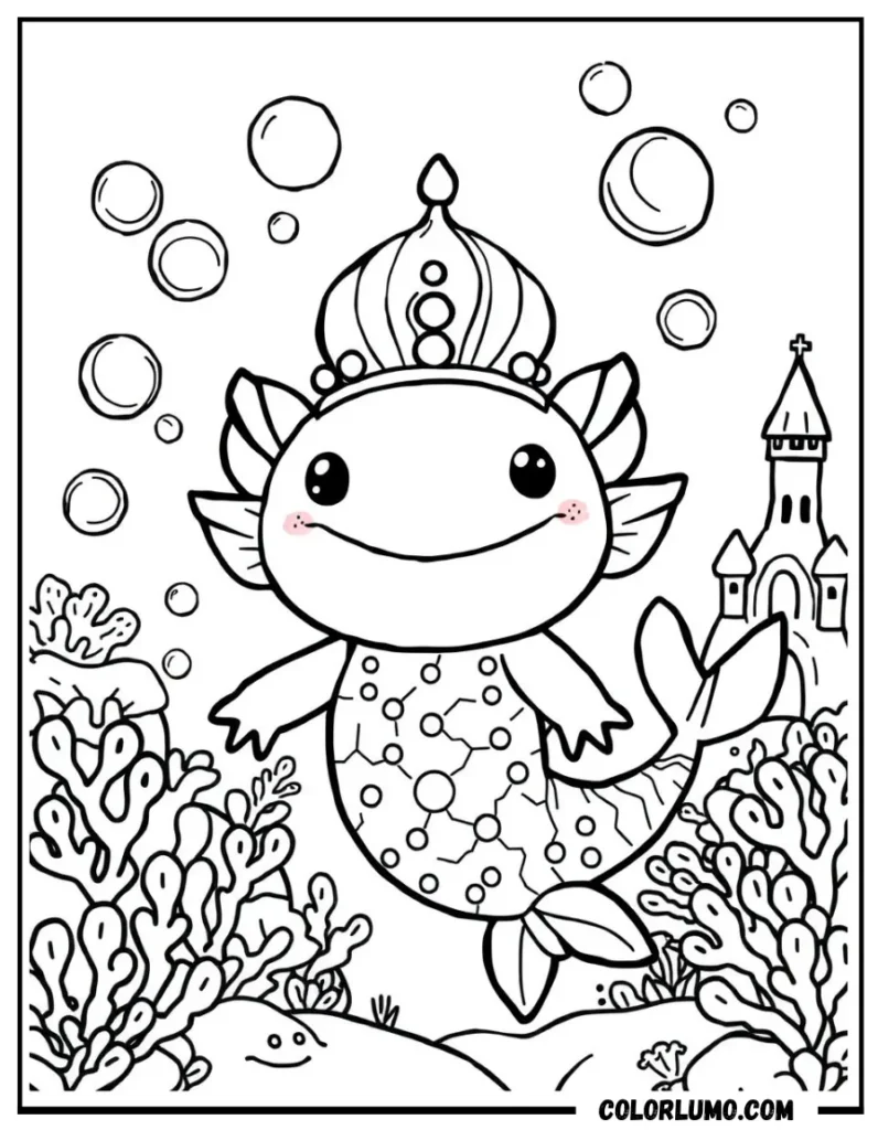 Fantasy axolotl mermaid coloring page for kids