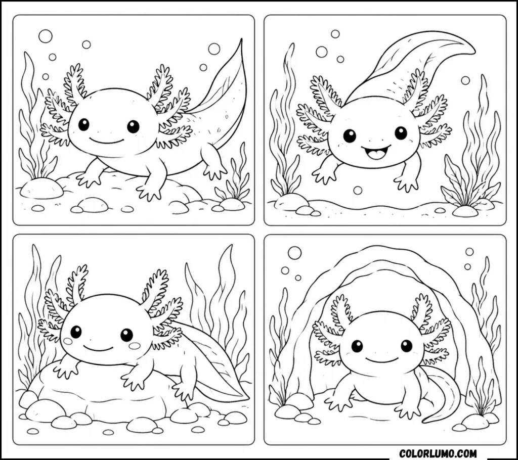 Four cute axolotls in underwater scenes coloring pages
