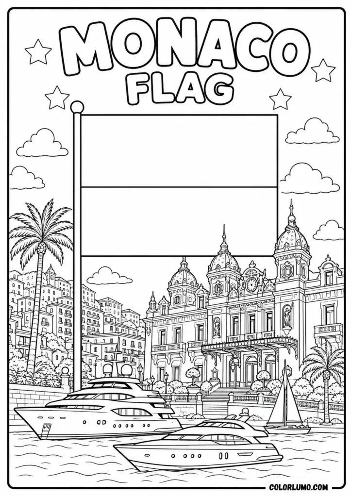Monaco Flag and Landmarks Coloring Page