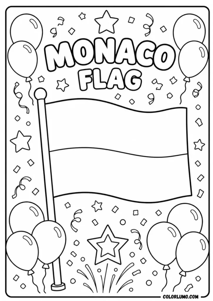Monaco flag coloring page with balloons