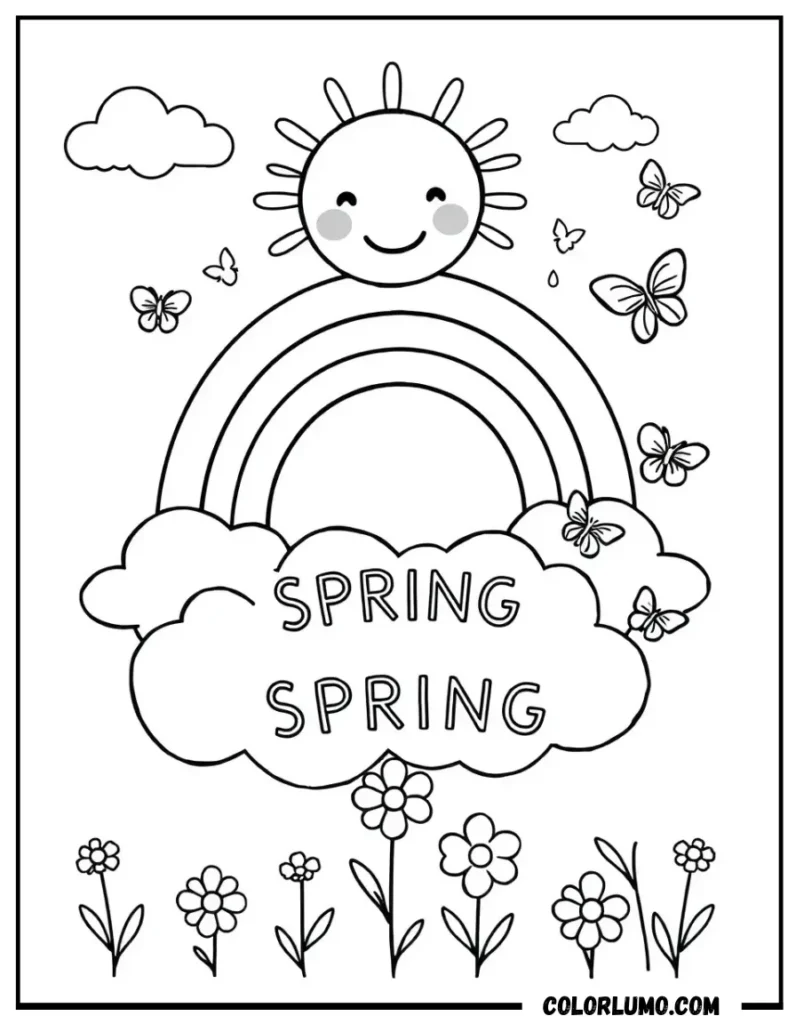 Spring coloring page with rainbow, smiling sun, butterfly, and flowers