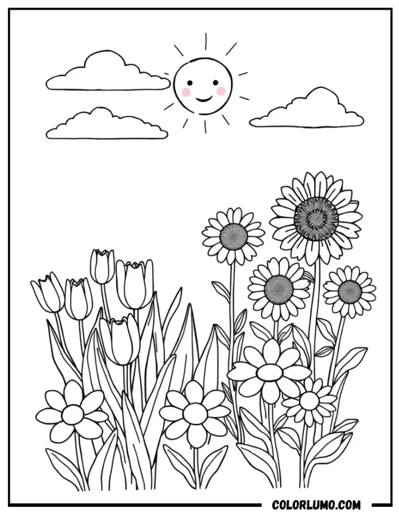 Spring garden coloring page with flowers and sun