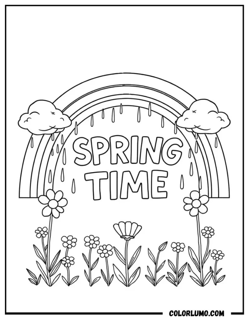 Spring time coloring page with rainbow, clouds, and flowers