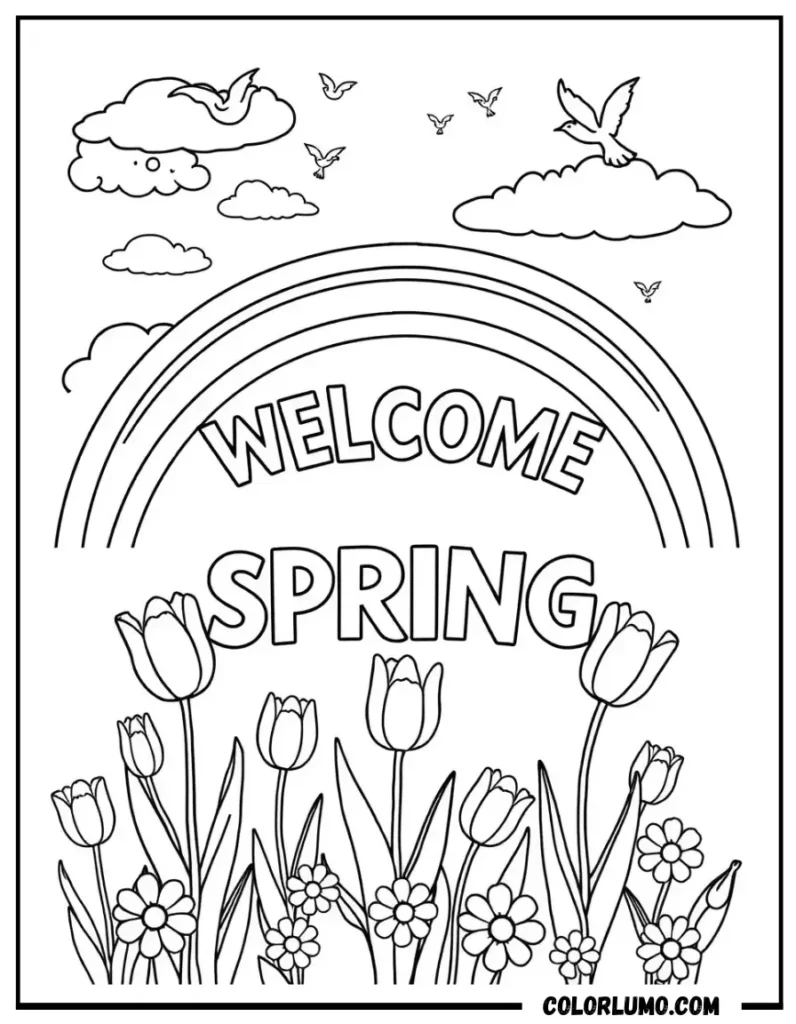 Welcome spring coloring page with flowers, rainbow, and birds