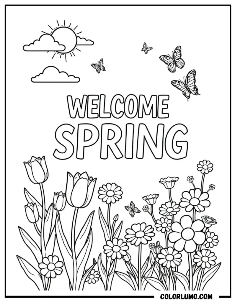 Welcome spring garden coloring page with flowers and butterflies