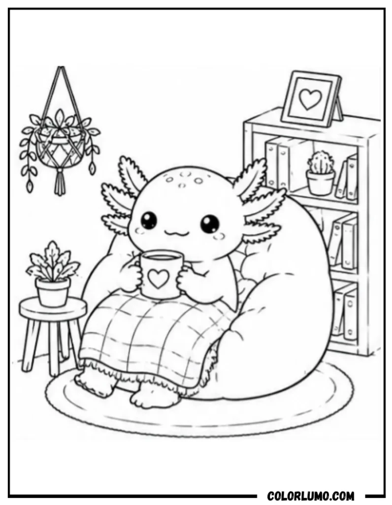 axolotl enjoying tea coloring page