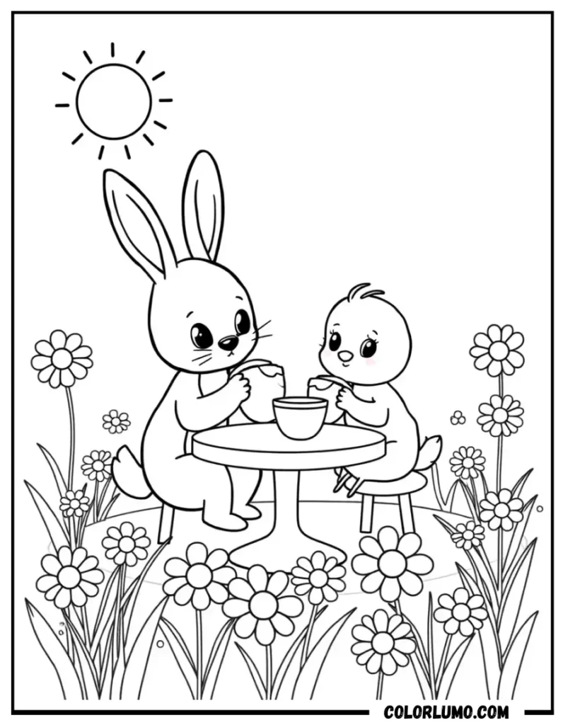 bunny and a little chick sitting at a small table in a meadow