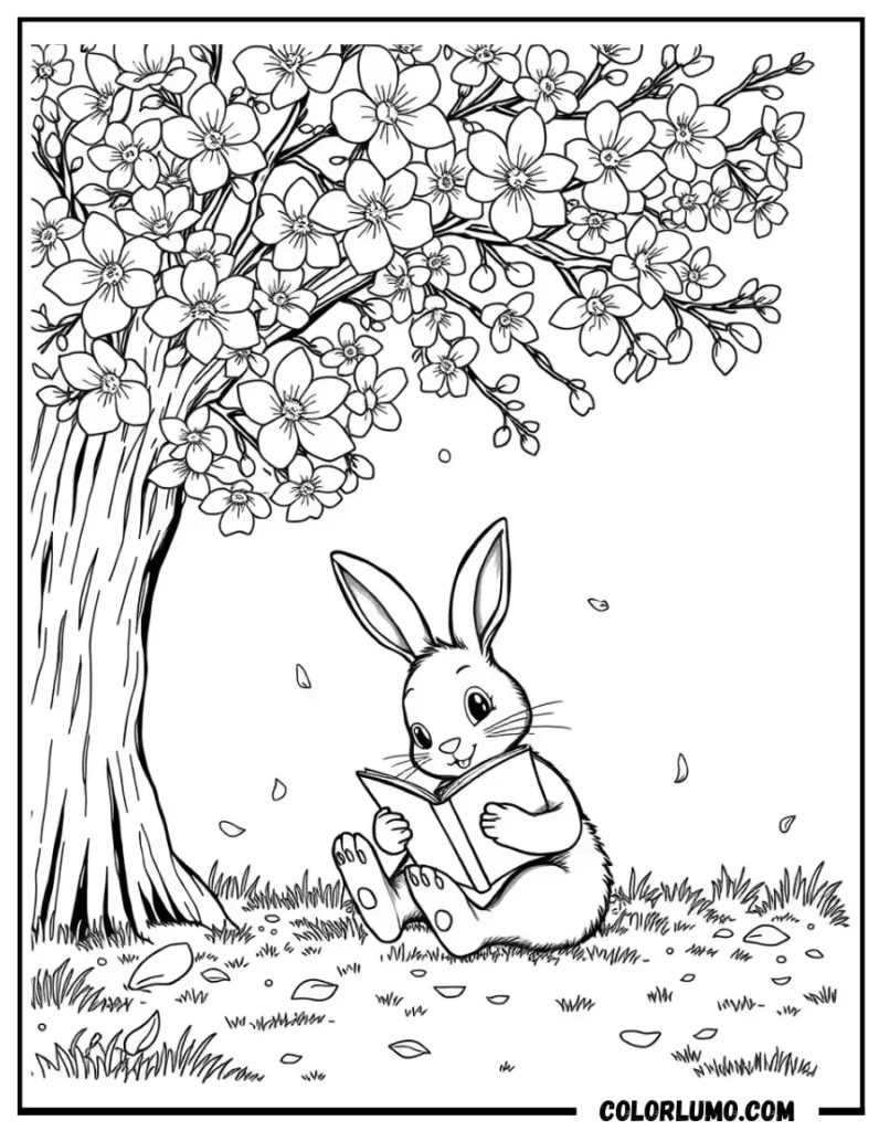 bunny reading under tree spring coloring page