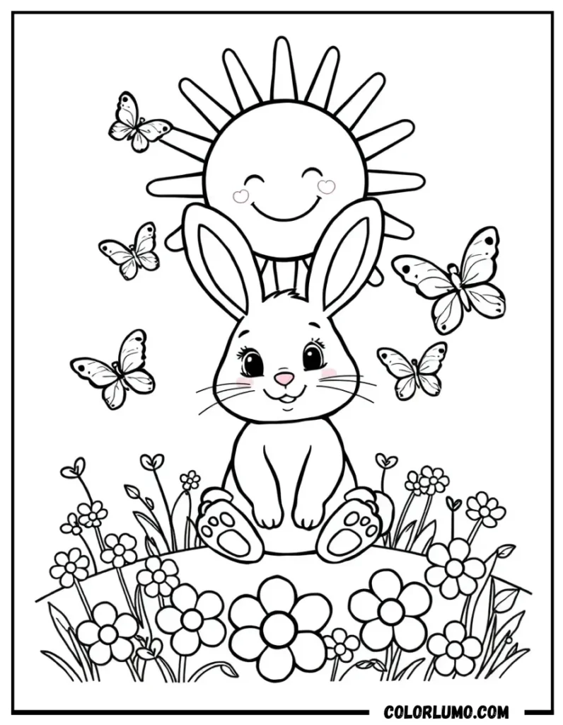 cute bunny sun spring coloring page printable