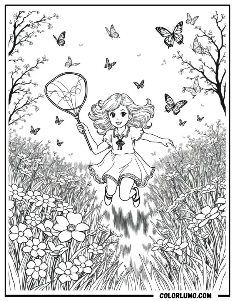 girl catching butterflies spring coloring page printable