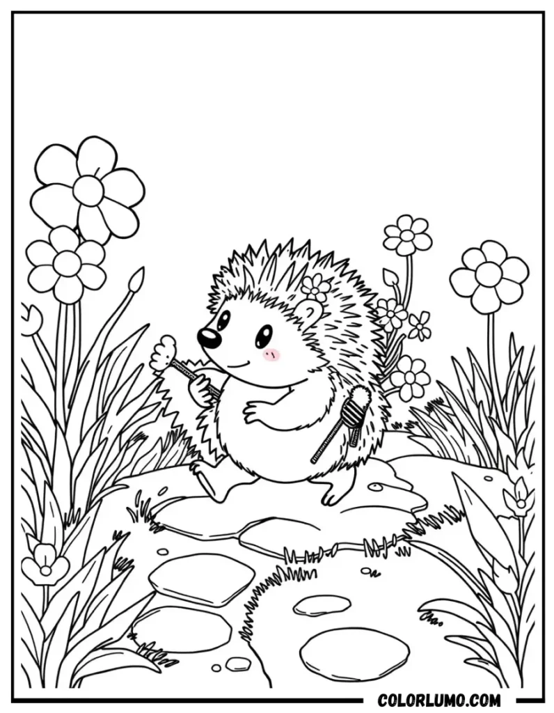 hedgehog carrying flowers spring coloring page