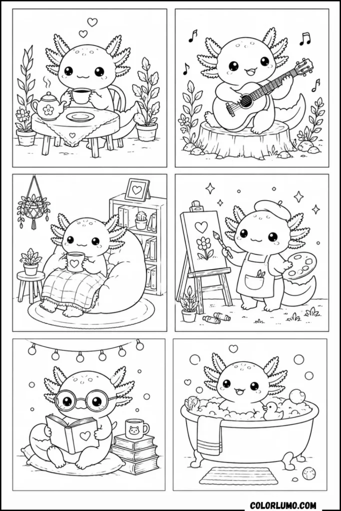 six cute axolotl coloring page for kids