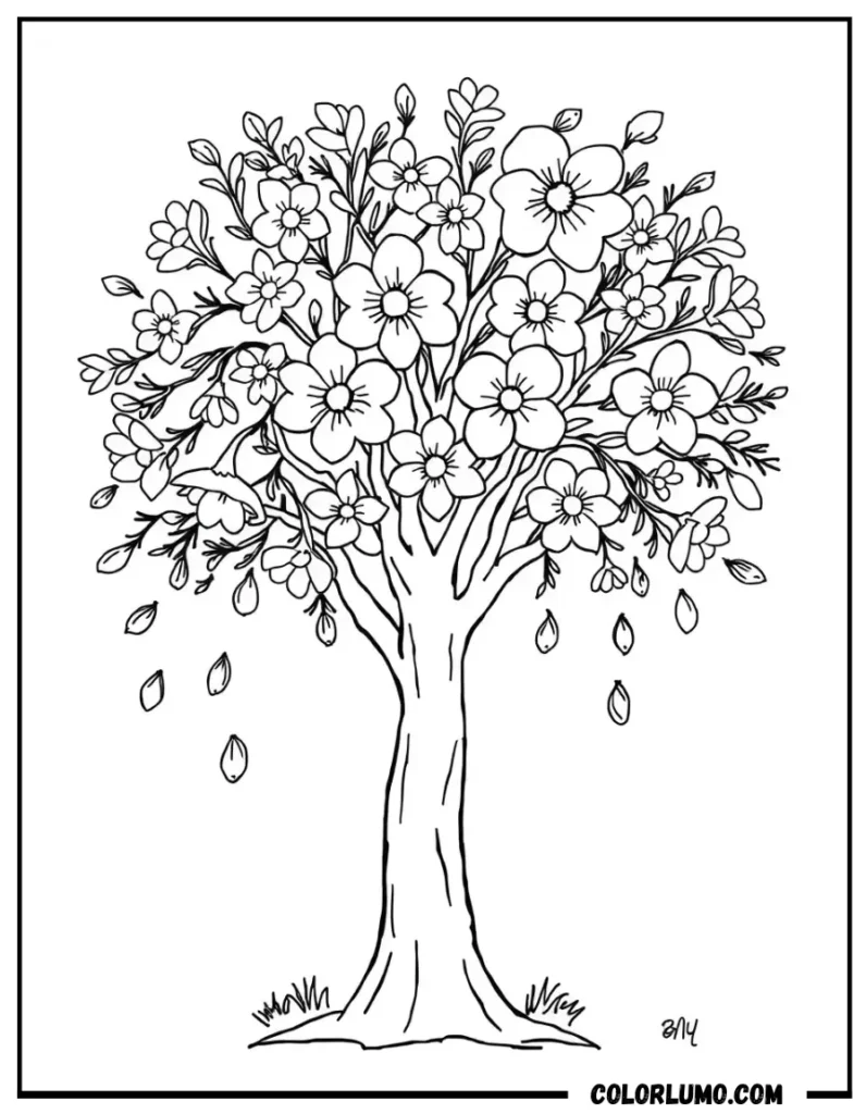 spring blooming tree coloring page with falling petals