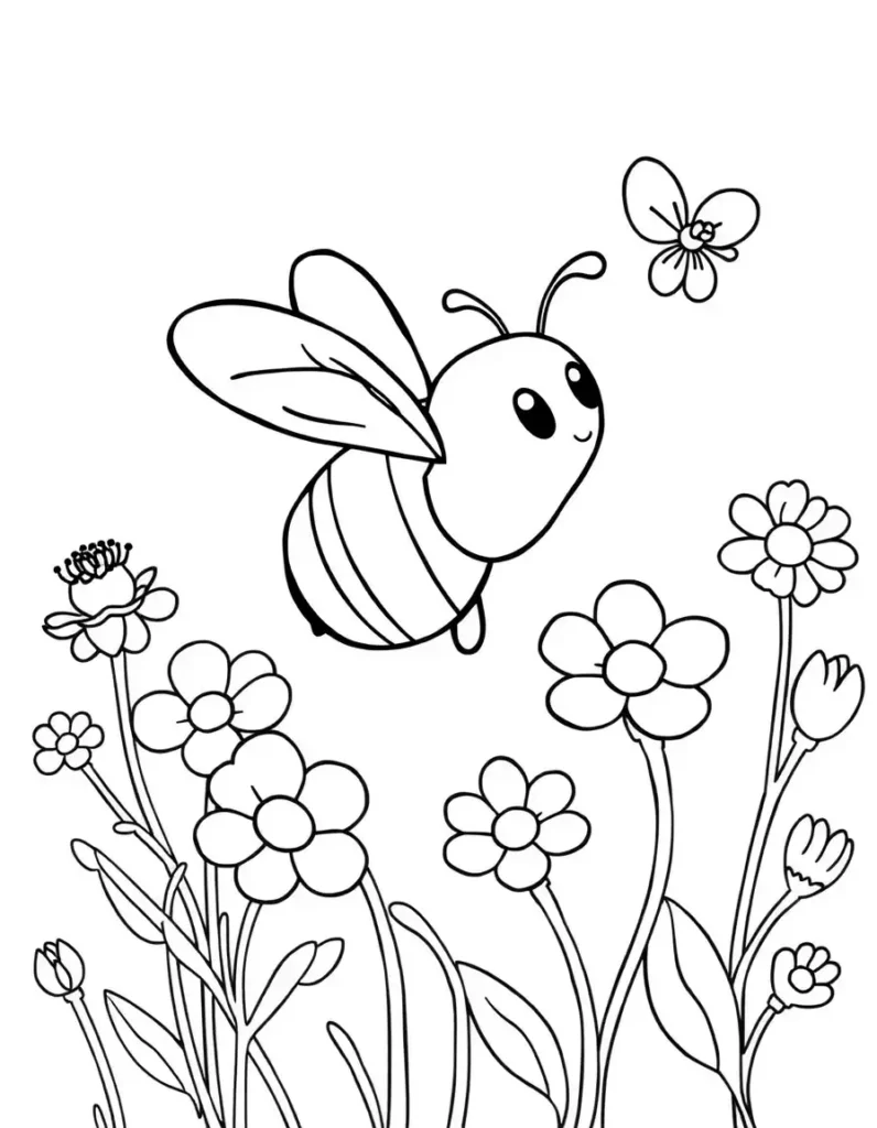 Bee and flowers coloring page, cute insect and nature design