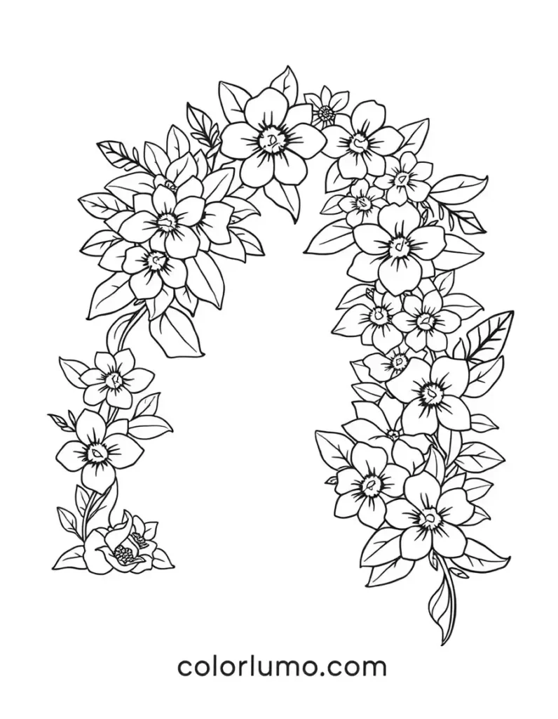 Floral alphabet letter A coloring page made with flowers and leaves