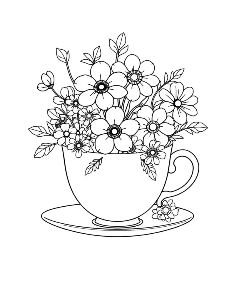Tea cup overflowing with flowers instead of tea