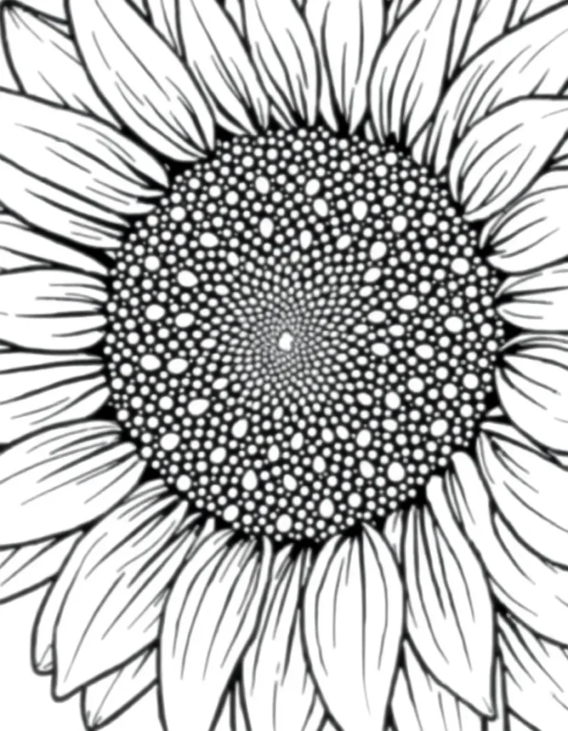 Realistic sunflower coloring page close-up with detailed seeds and petals
