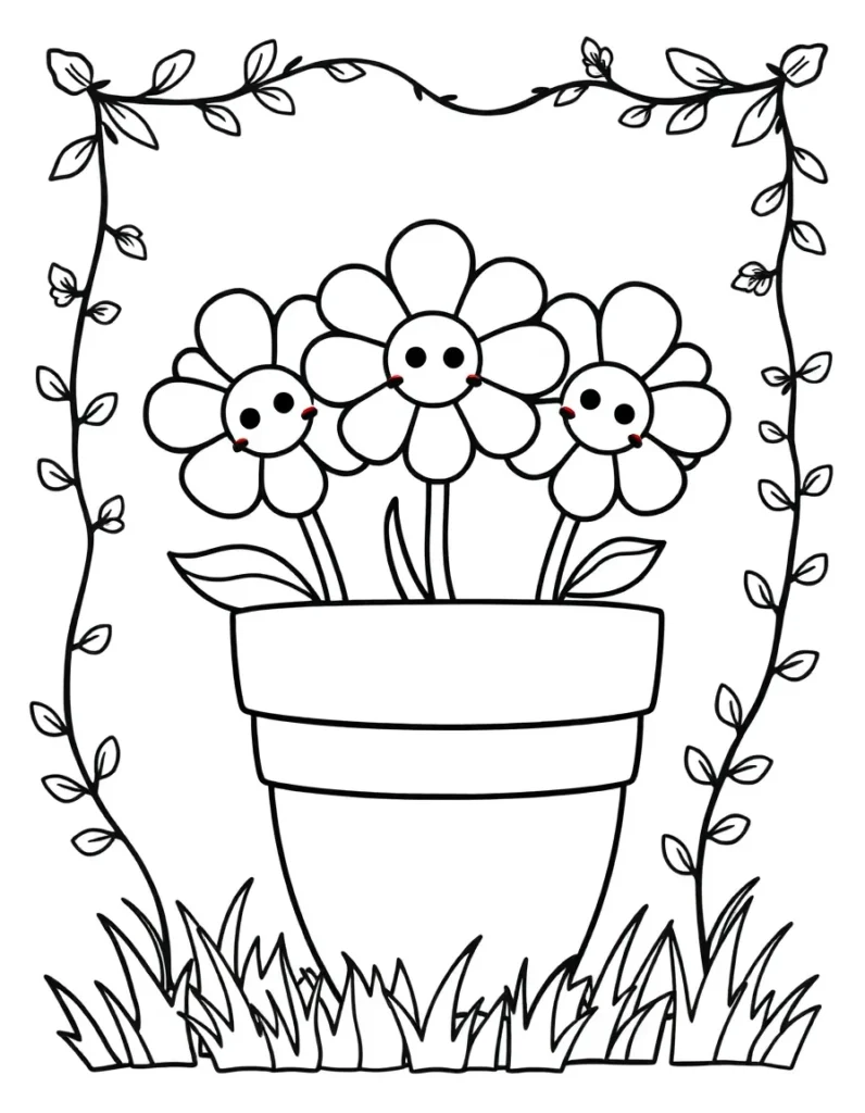 Three smiling flowers in a flower pot