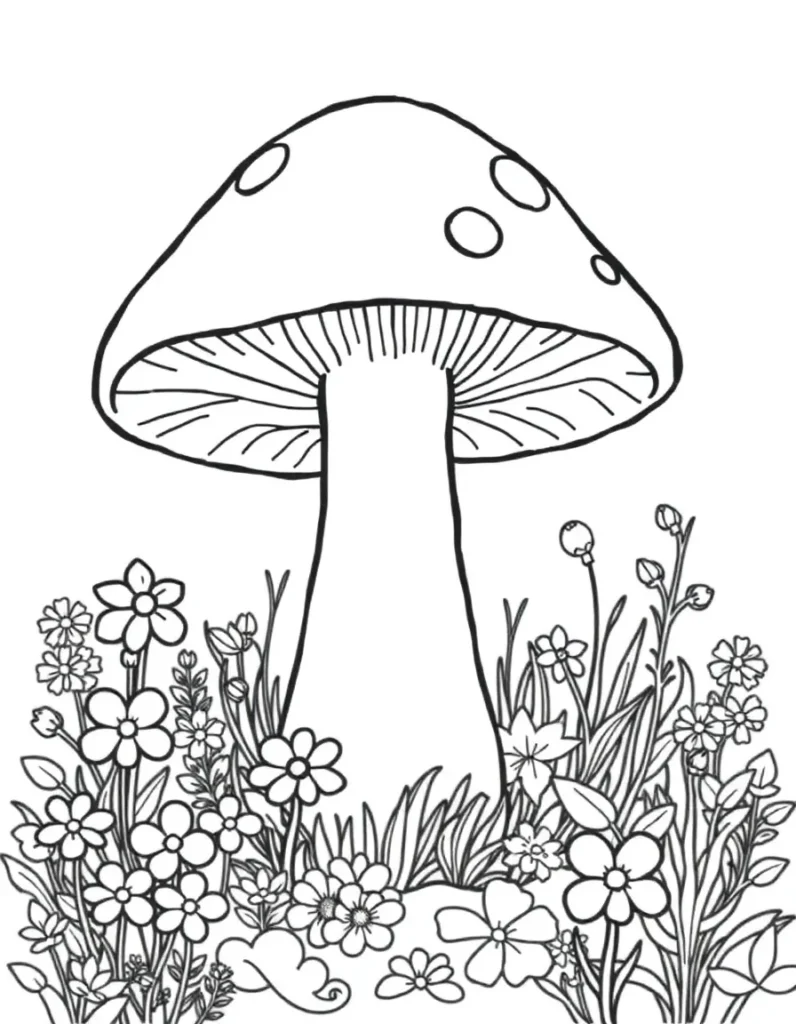 cute mushroom surrounded by flowers and tiny plants