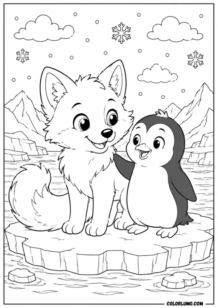 Arctic fox and penguin together in snowy coloring page