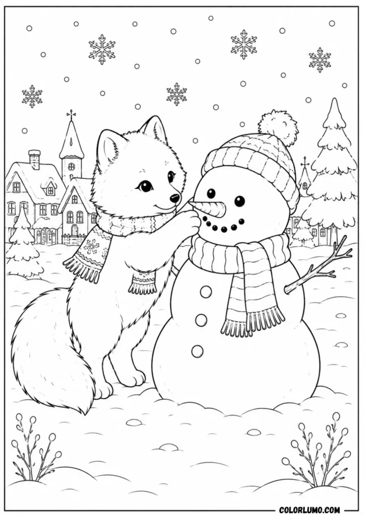 Arctic fox coloring page building snowman in snowy landscape