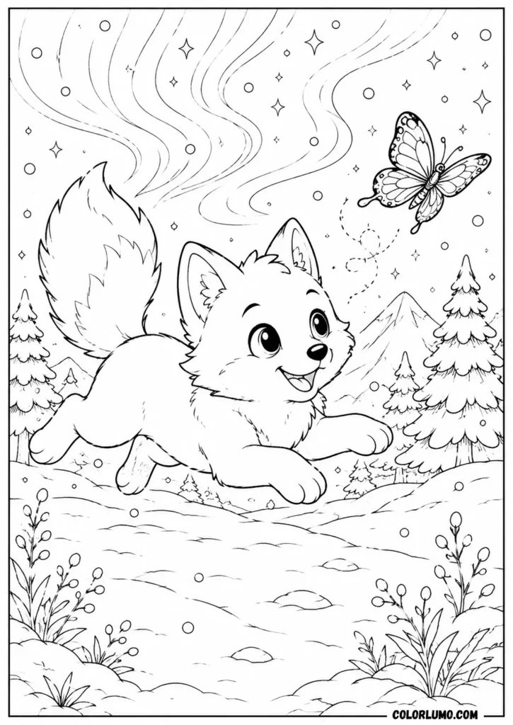 Arctic fox coloring page chasing butterfly in winter snow