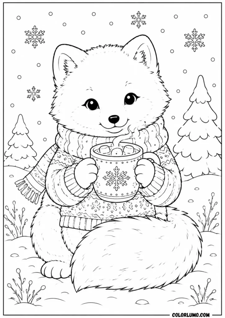 Arctic fox coloring page drinking hot chocolate in cozy winter scene