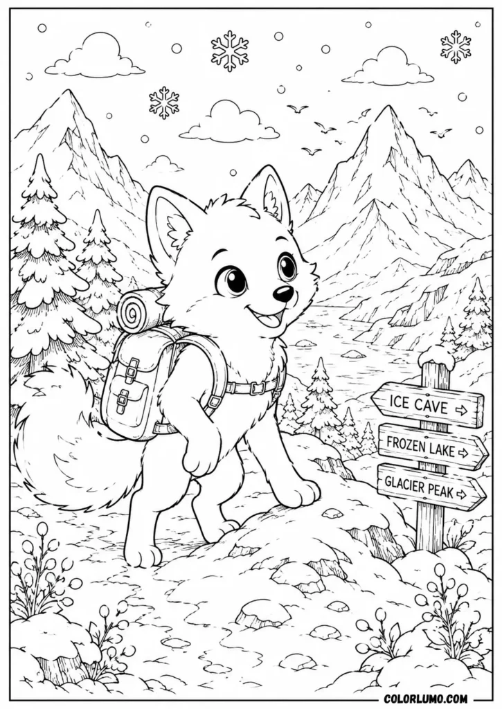 Arctic fox coloring page exploring snowy mountains with backpack