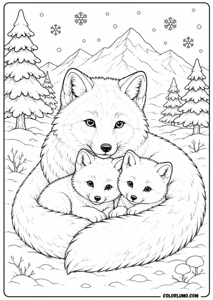 Arctic fox coloring page family with mother and baby foxes in snow