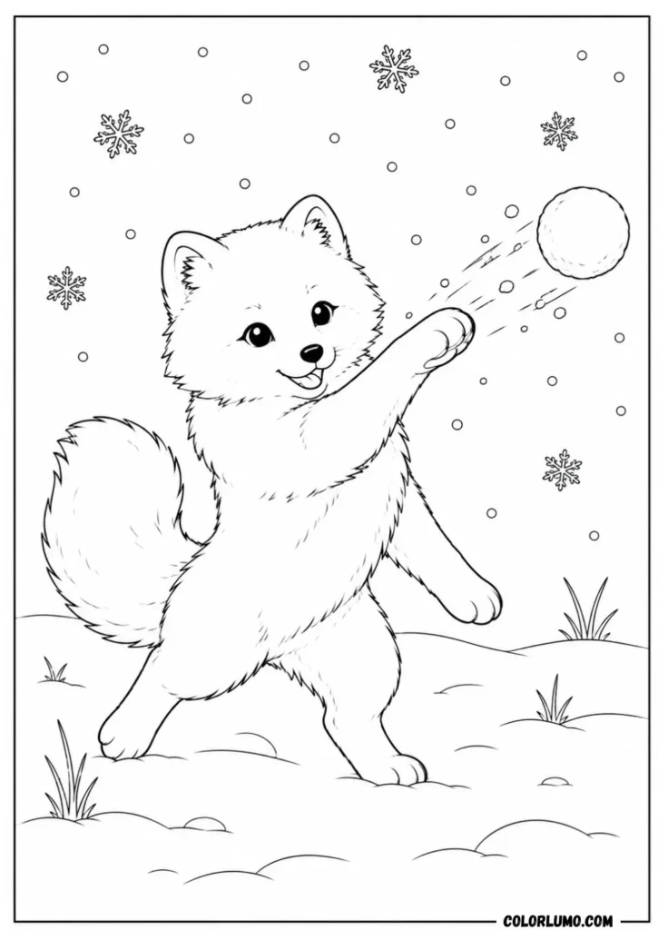 Arctic fox coloring page throwing snowball in winter scene